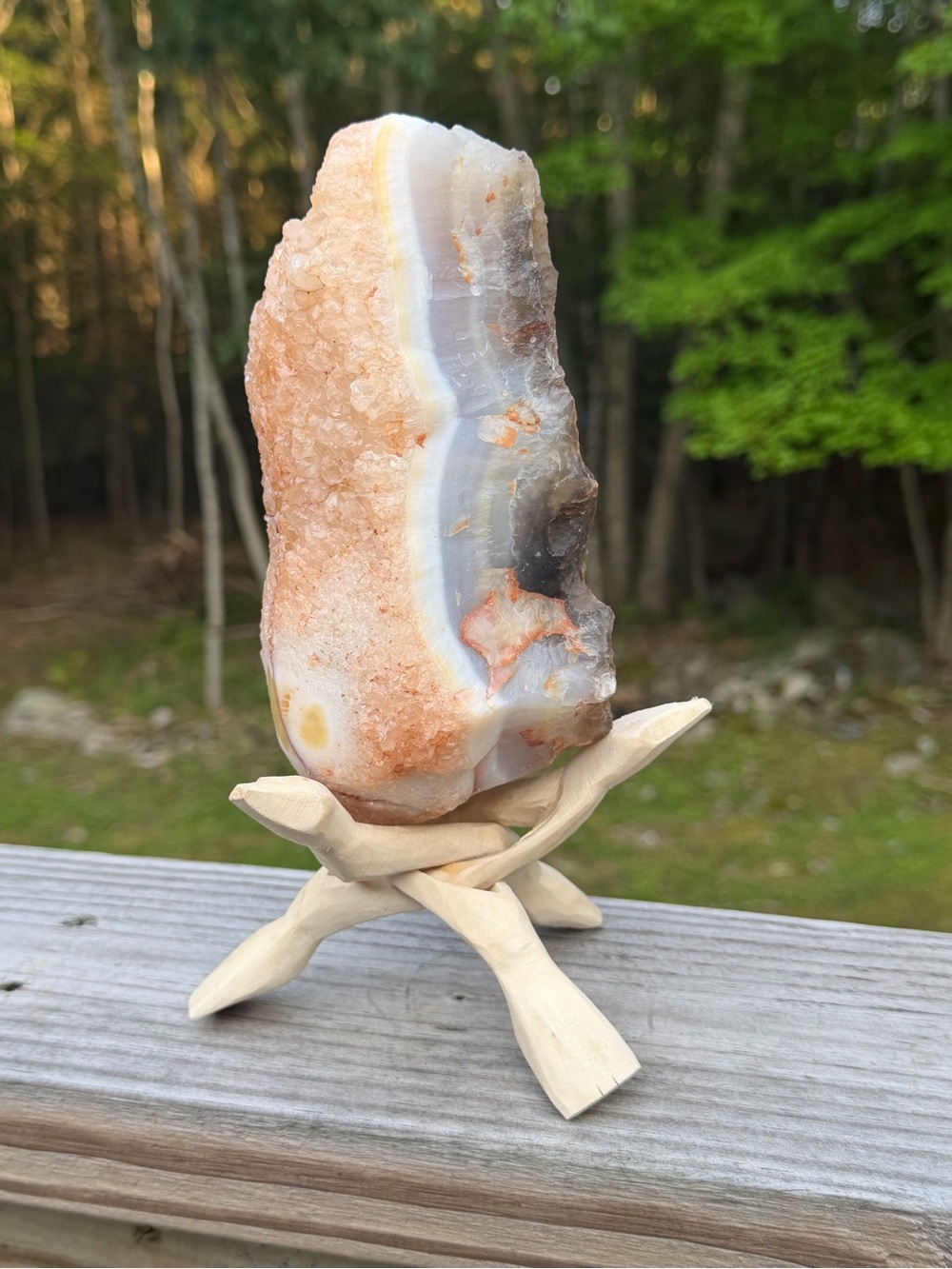 Large Natural Banded Agate & Druzy Quartz Specimen on Wood Stand